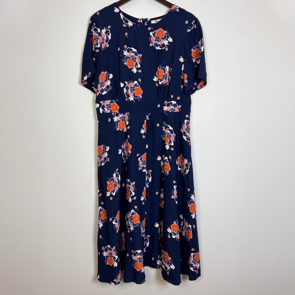 Boden Navy Blue Floral A Line Short Sleeve Midi Dress W0121 US 12R UK 16R